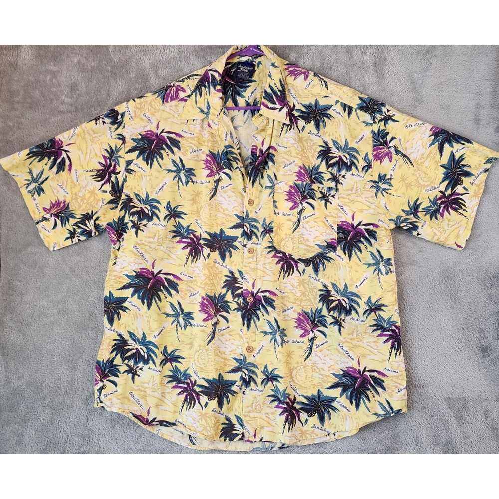 Island Soul Shirt Mens Large Yellow Tropical Palm Tree Bahamas Button Up Retro